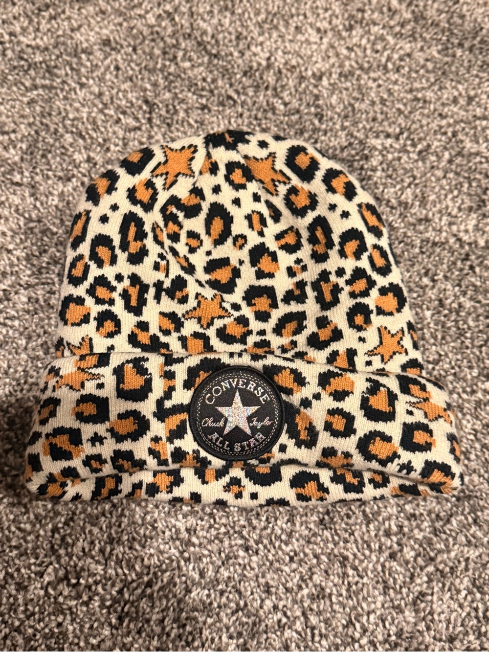 Converse Kids Leopard-Print Beanie in Black, Tan & Cream